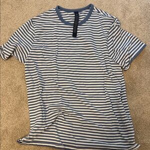 Lululemon Men's Blue and White Striped Crewneck T-Shirt